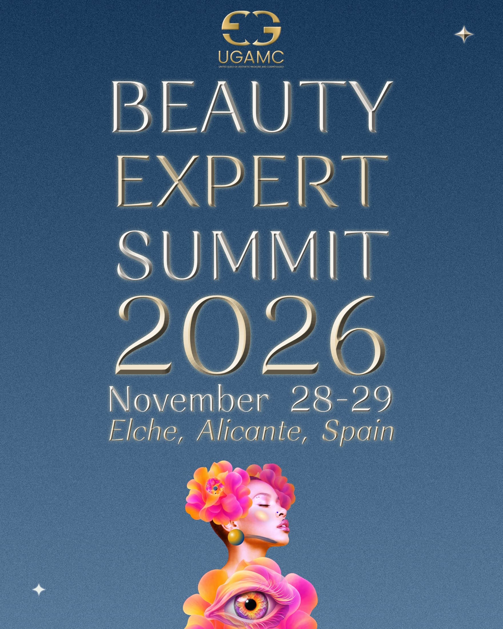 Beauty Expert Summit 2026 campaign poster — deep blue field, engraved gold serif type, and a surreal floral portrait with an eye motif
