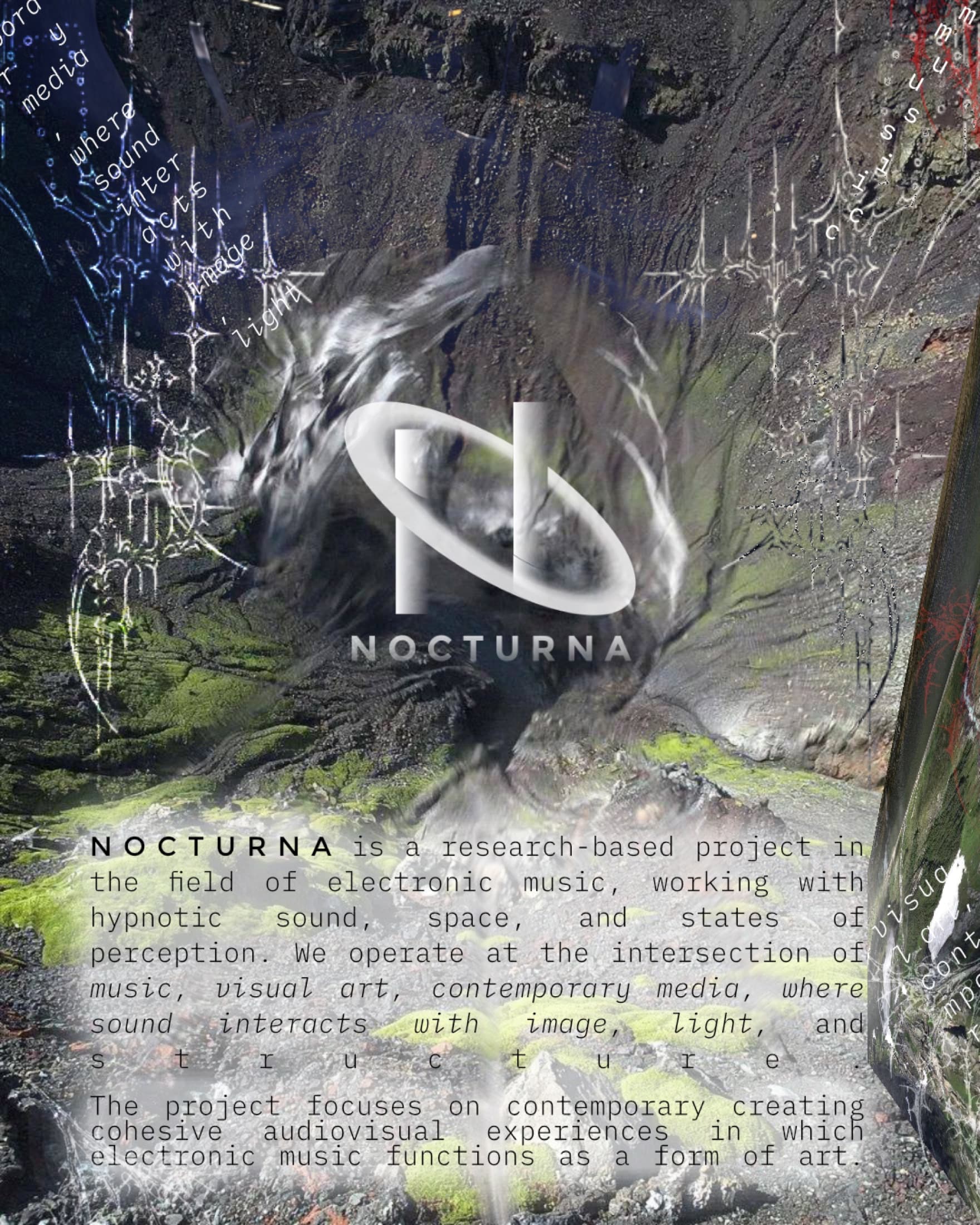NOCTURNA identity poster: a chrome ellipse logotype over a dark, textured organic surface, with the line "where sound interacts with image, light, and structure."