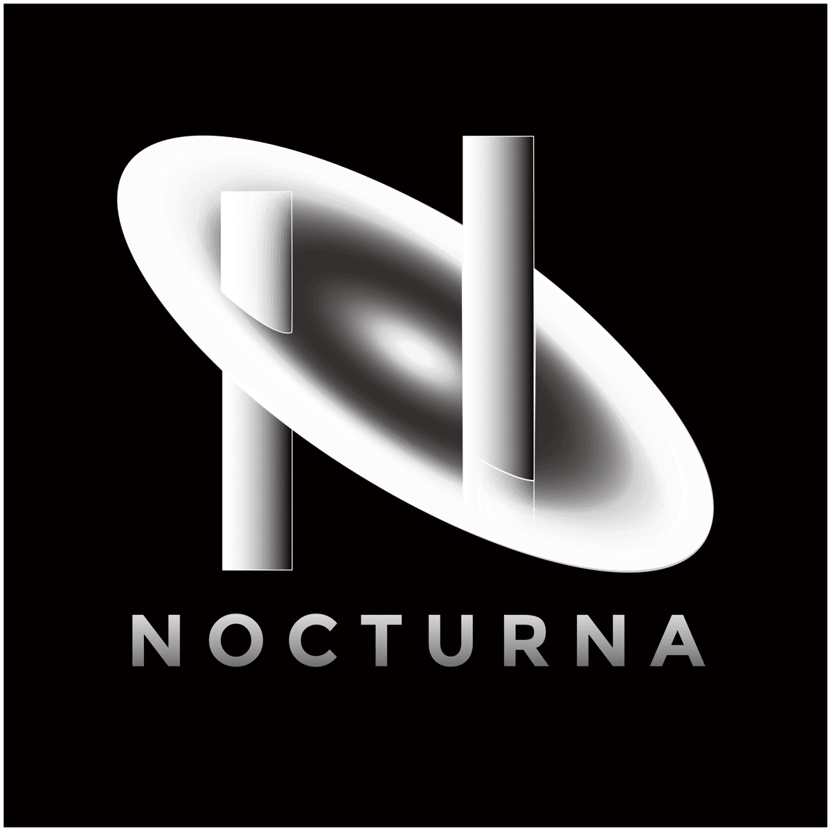 NOCTURNA logo — a chrome ellipse over the letterform N, on black