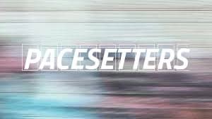 PACESETTERS broadcast title card — glitch-streaked white type over a soft pink and blue field