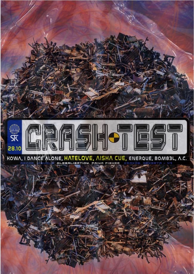 CRASH TEST — crash-test-dummy target mark over a pile of scrap metal