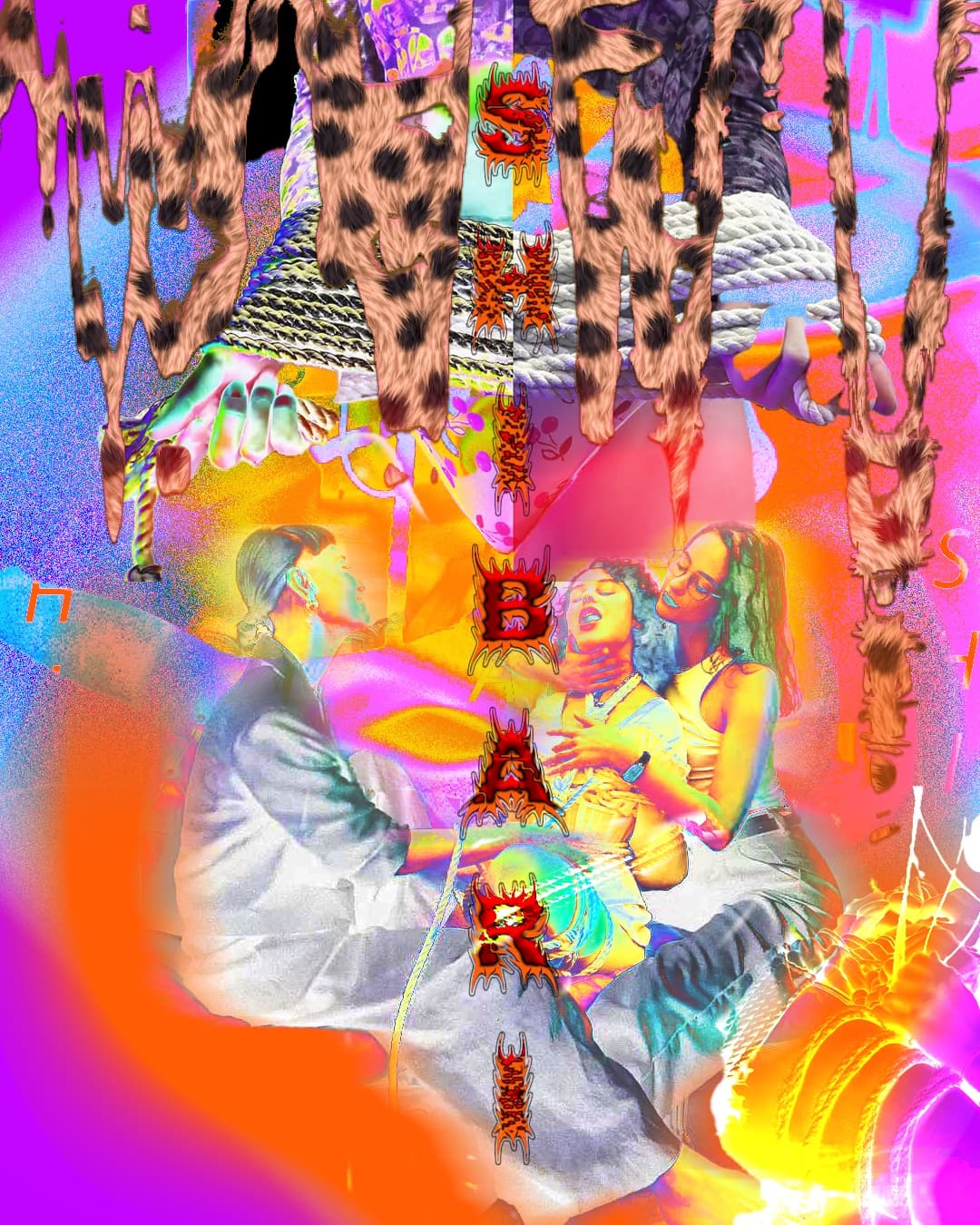 Experimental rave key visual — leopard print, rope, and a figure embrace under a saturated neon color-grade