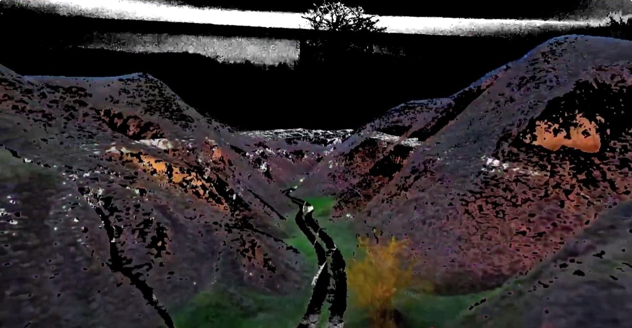 Landscape study, black-and-white valley with a warm colour mask overlay