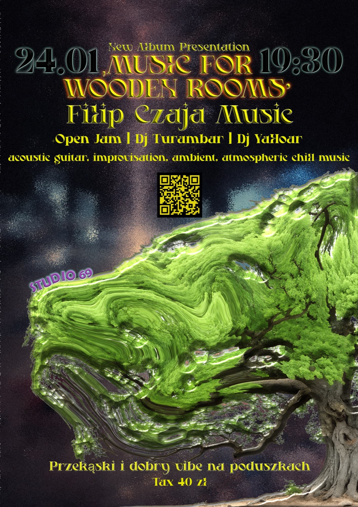 Music for Wooden Rooms, Filip Czaja concert poster, Studio 69