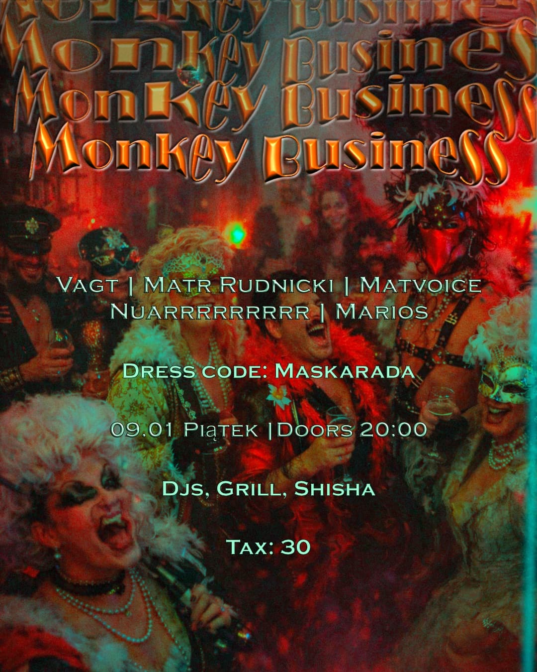Monkey Business event poster, dress code maskarada