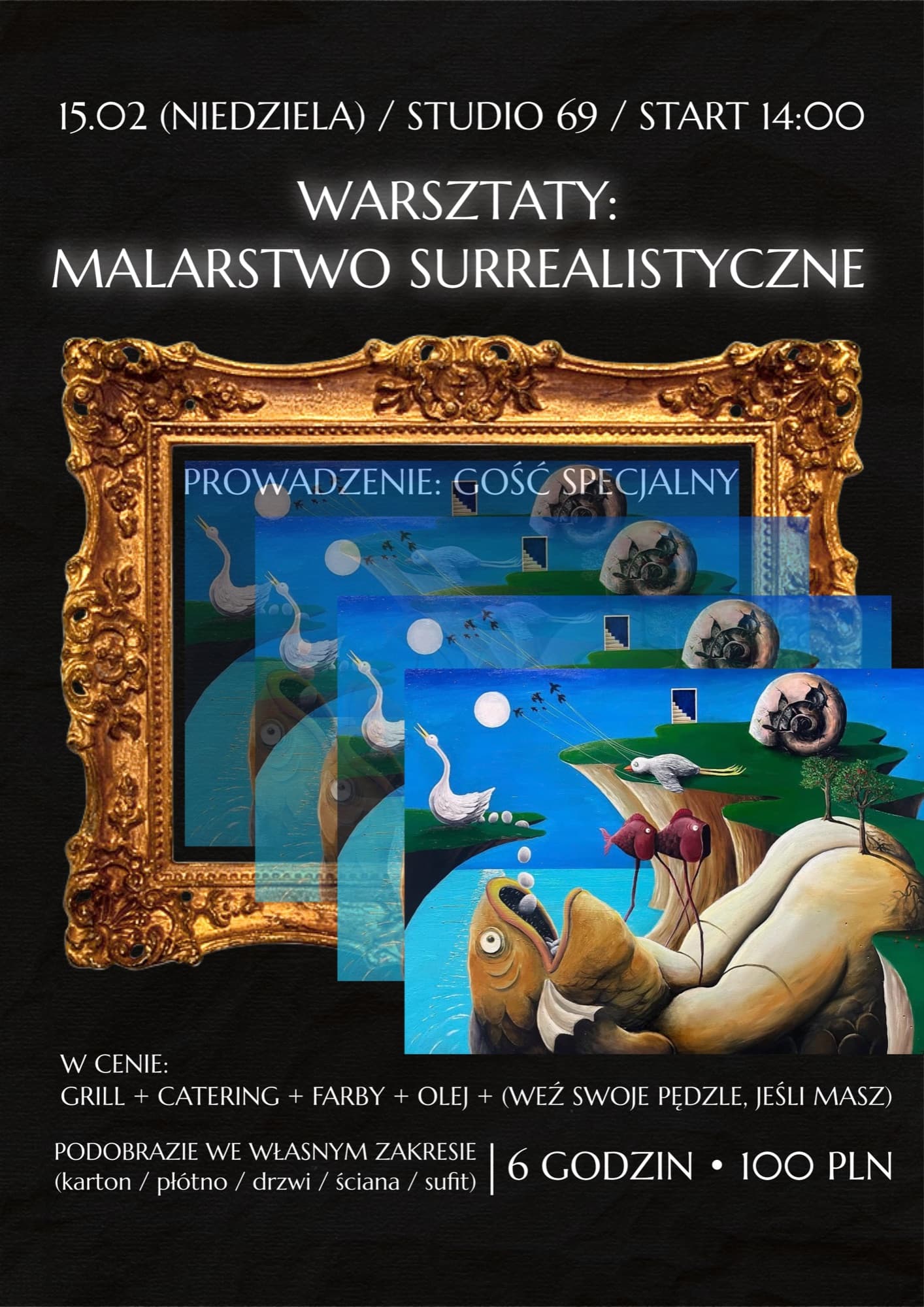 Warsztaty: Malarstwo Surrealistyczne, surrealist painting workshop poster