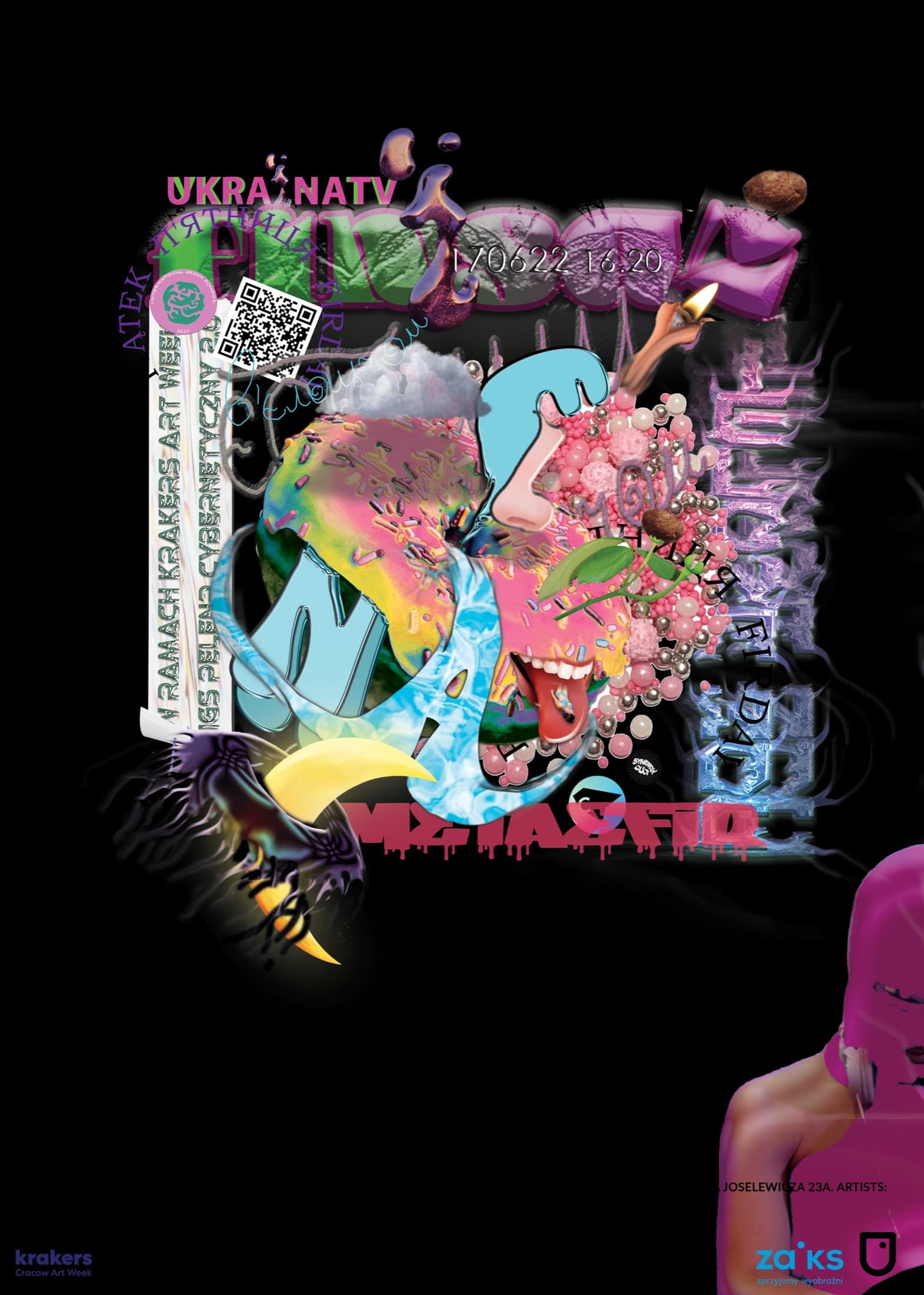 UKRAiNATV event poster — dense, maximalist collage of glitch typography, surreal food imagery, and layered Ukrainian and English text