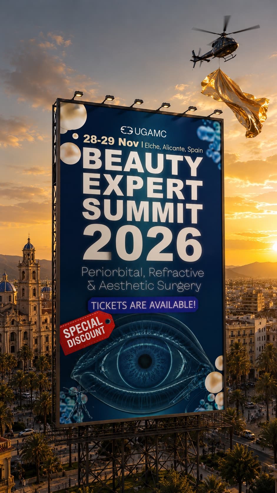 Beauty Expert Summit 2026 billboard concept — a large city-rooftop billboard showing the campaign poster at golden hour, with a helicopter lifting away a gold cloth reveal, over a Spanish cityscape with palm trees and a cathedral