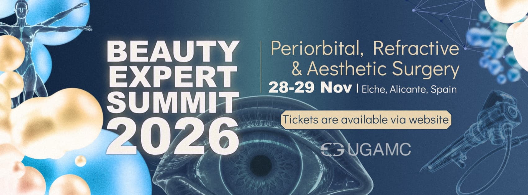 Beauty Expert Summit 2026 Facebook cover — gold pearls and fine network line-art over a deep blue field, with a close-up eye photograph