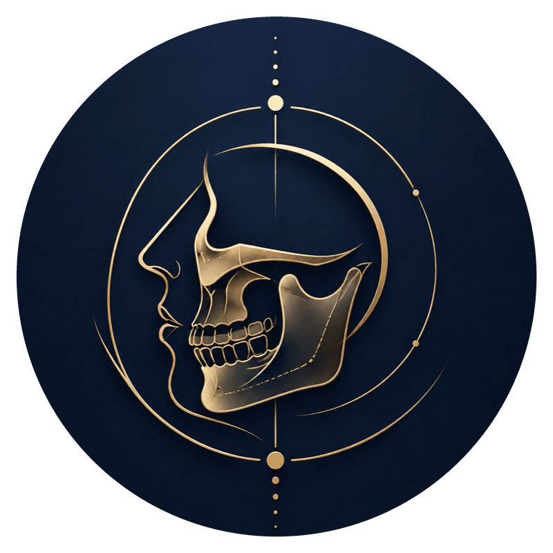 Beauty Expert Summit engraved gold-line icon for maxillofacial surgery — a skull and jaw profile inside a circular frame, cropped to a medallion on a deep blue field