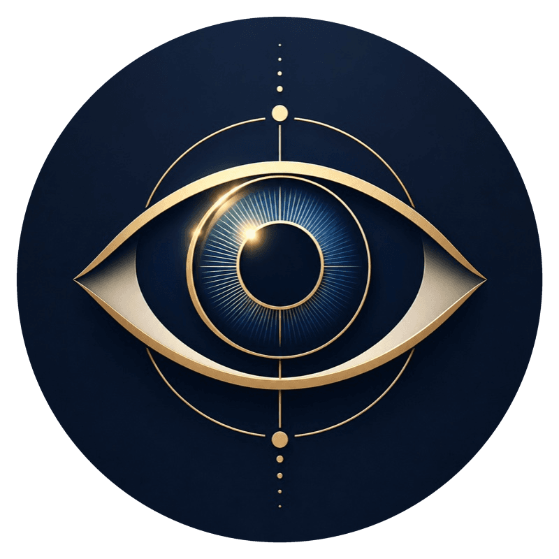Beauty Expert Summit engraved gold-line icon for ophthalmology — a stylised eye inside a compass-like circular frame, cropped to a medallion on a deep blue field