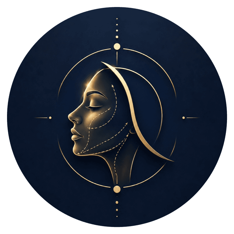 Beauty Expert Summit engraved gold-line icon for plastic and reconstructive surgery — a woman's profile with contour lift lines inside a circular frame, cropped to a medallion on a deep blue field