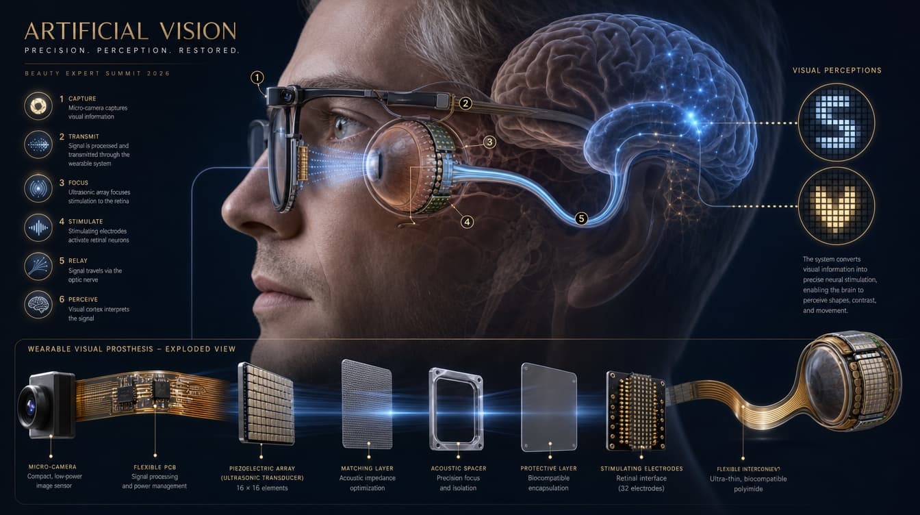 Beauty Expert Summit 2026 'Artificial Vision: Precision. Perception. Restored.' infographic — a six-step diagram of a wearable visual-prosthesis system over a man's profile and brain, with an exploded-view component breakdown below, on a dark blue field