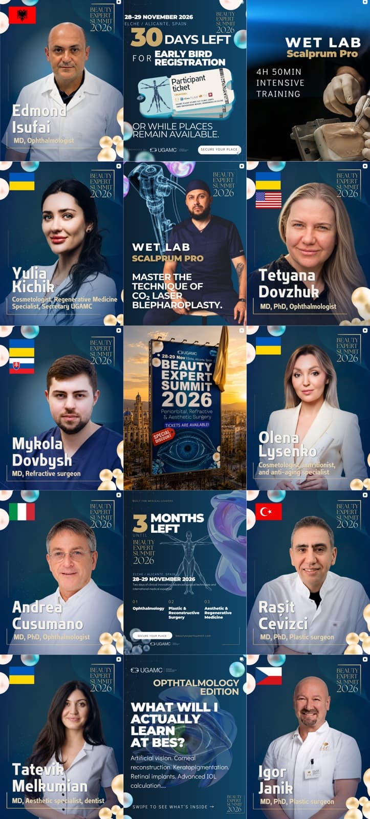 Beauty Expert Summit 2026 Instagram feed grid — speaker announcement cards for Edmond Isufai, Yulia Kichik, Mykola Dovbysh, Andrea Cusumano, and Tatevik Melkumian alternating with countdown and Wet Lab training posts, all on the gold-on-blue campaign system