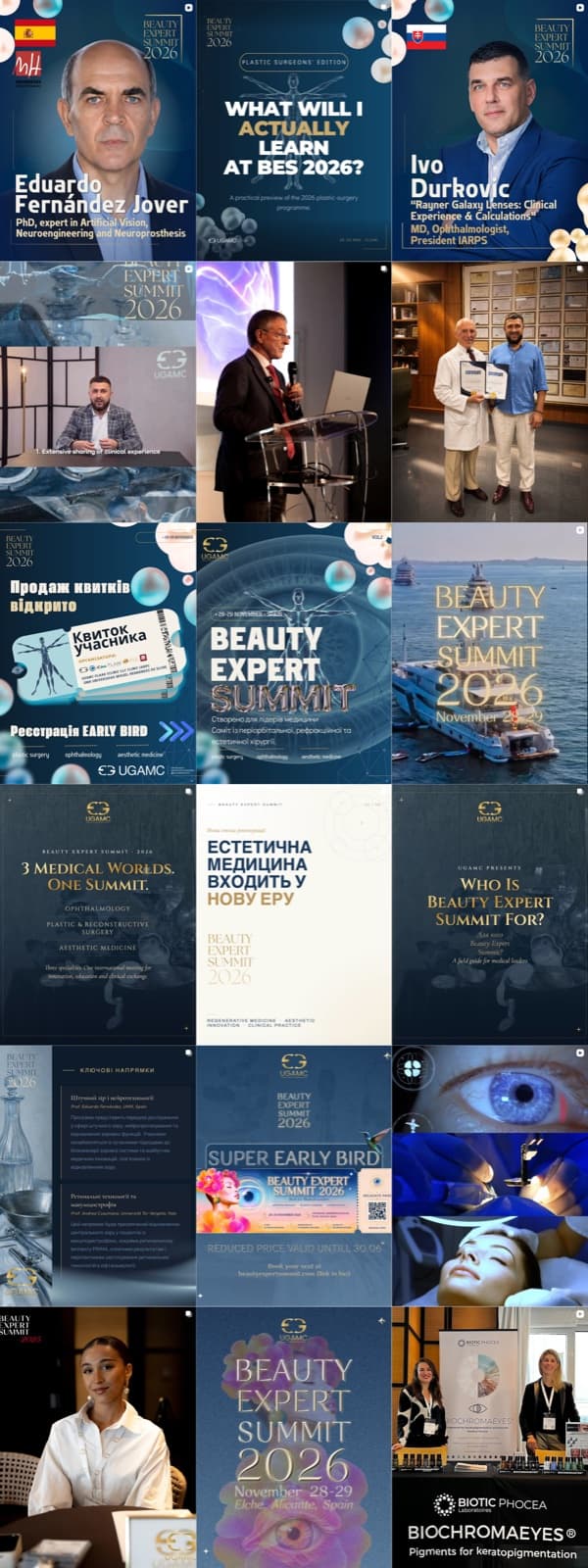 Beauty Expert Summit 2026 Instagram feed grid continued — more speaker cards, behind-the-scenes photography from a lecture and an award presentation, a ticket sales announcement, and a sponsor feature for Biochromaeyes