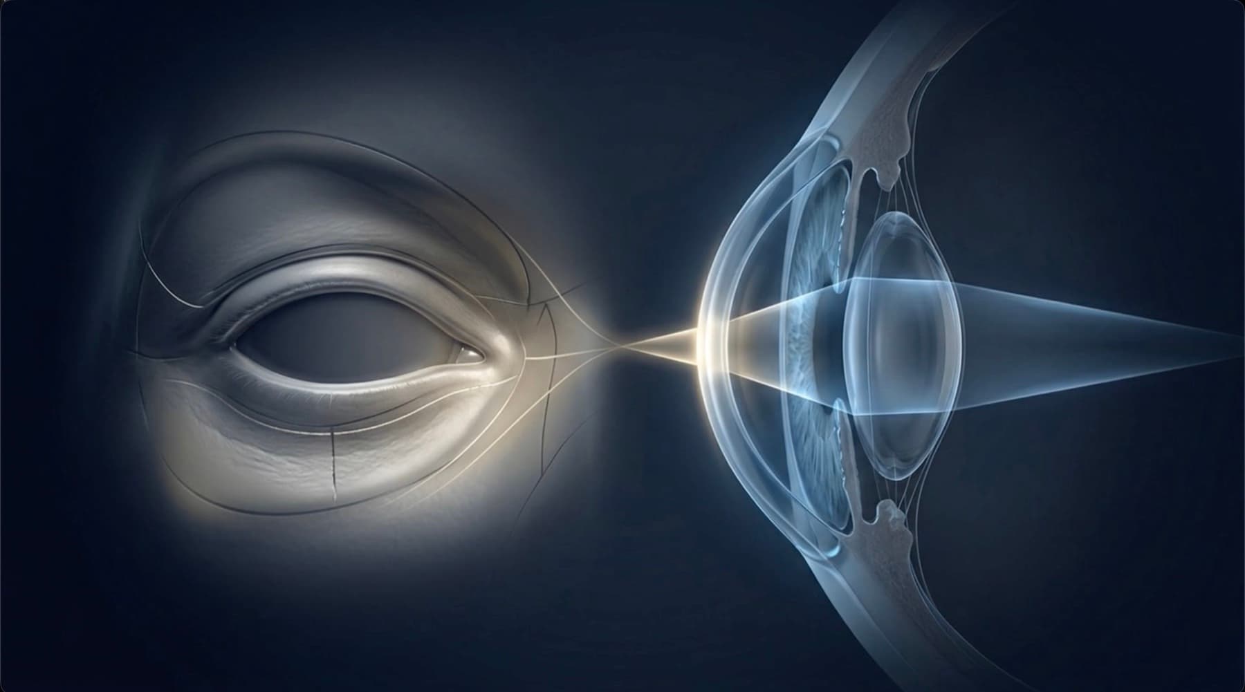 Beauty Expert Summit 2026 key visual — a chrome eye and eyelid beside a cutaway diagram of an intraocular lens, connected by a beam of light on a dark field