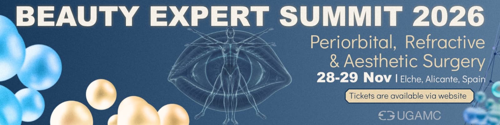 Beauty Expert Summit 2026 LinkedIn banner — gold serif type, an anatomical eye illustration, and pearl spheres over a deep blue field