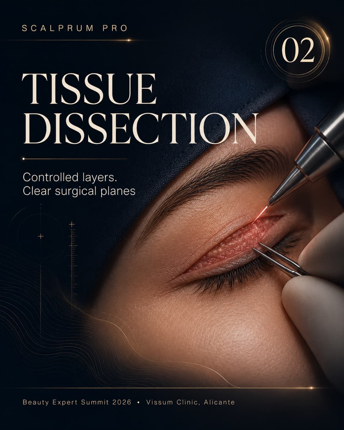 Scalprum Pro wet-lab training poster, step 02: Tissue Dissection — 'Controlled layers. Clear surgical planes', macro photograph of eyelid tissue dissection with forceps, gold serif type on a deep navy field