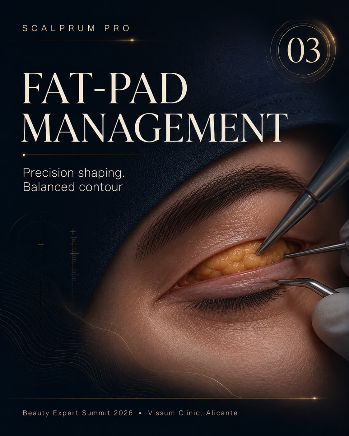 Scalprum Pro wet-lab training poster, step 03: Fat-Pad Management — 'Precision shaping. Balanced contour', macro photograph of orbital fat-pad shaping during blepharoplasty, gold serif type on a deep navy field