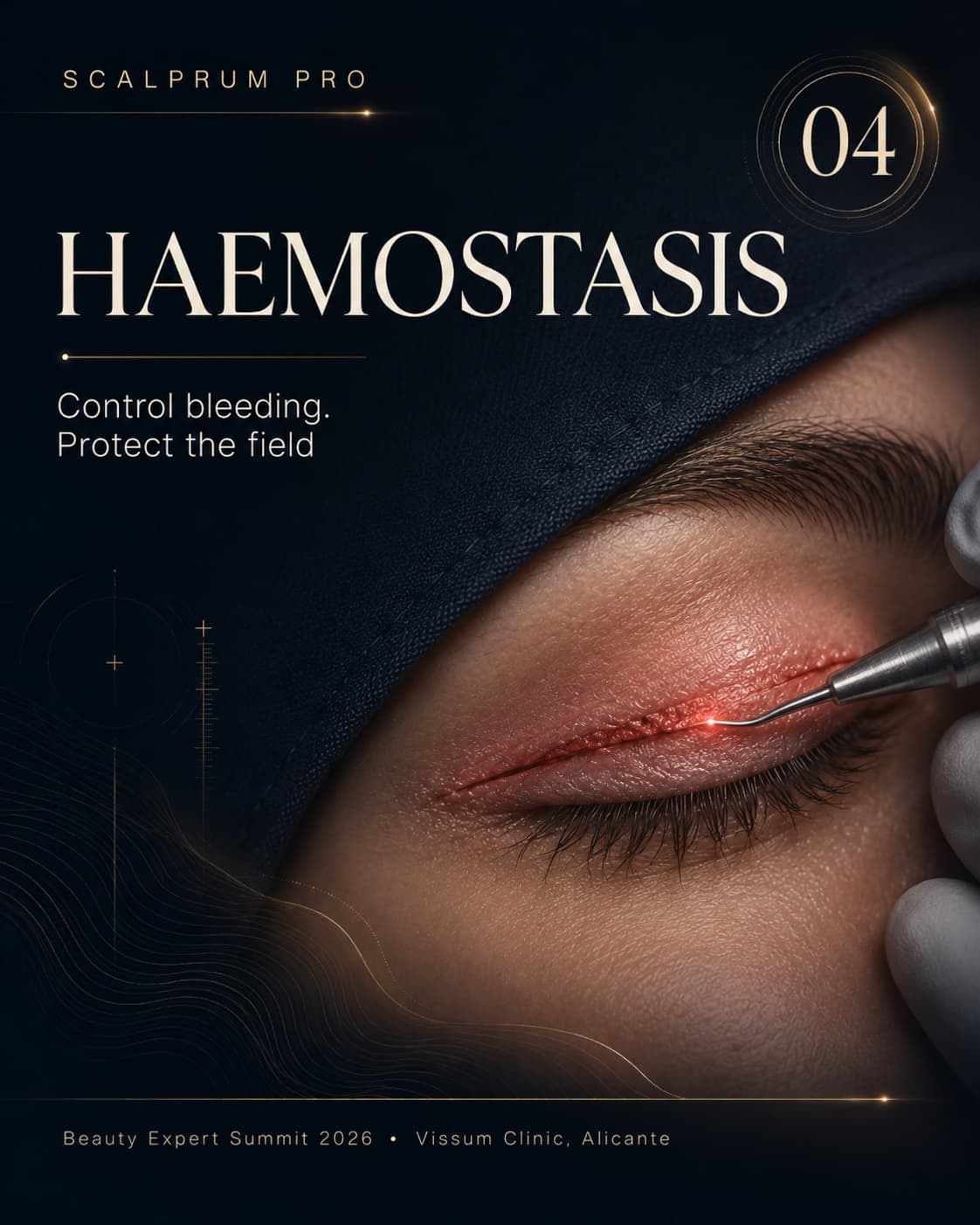 Scalprum Pro wet-lab training poster, step 04: Haemostasis — 'Control bleeding. Protect the field', macro photograph of an eyelid incision during haemostasis, gold serif type on a deep navy field