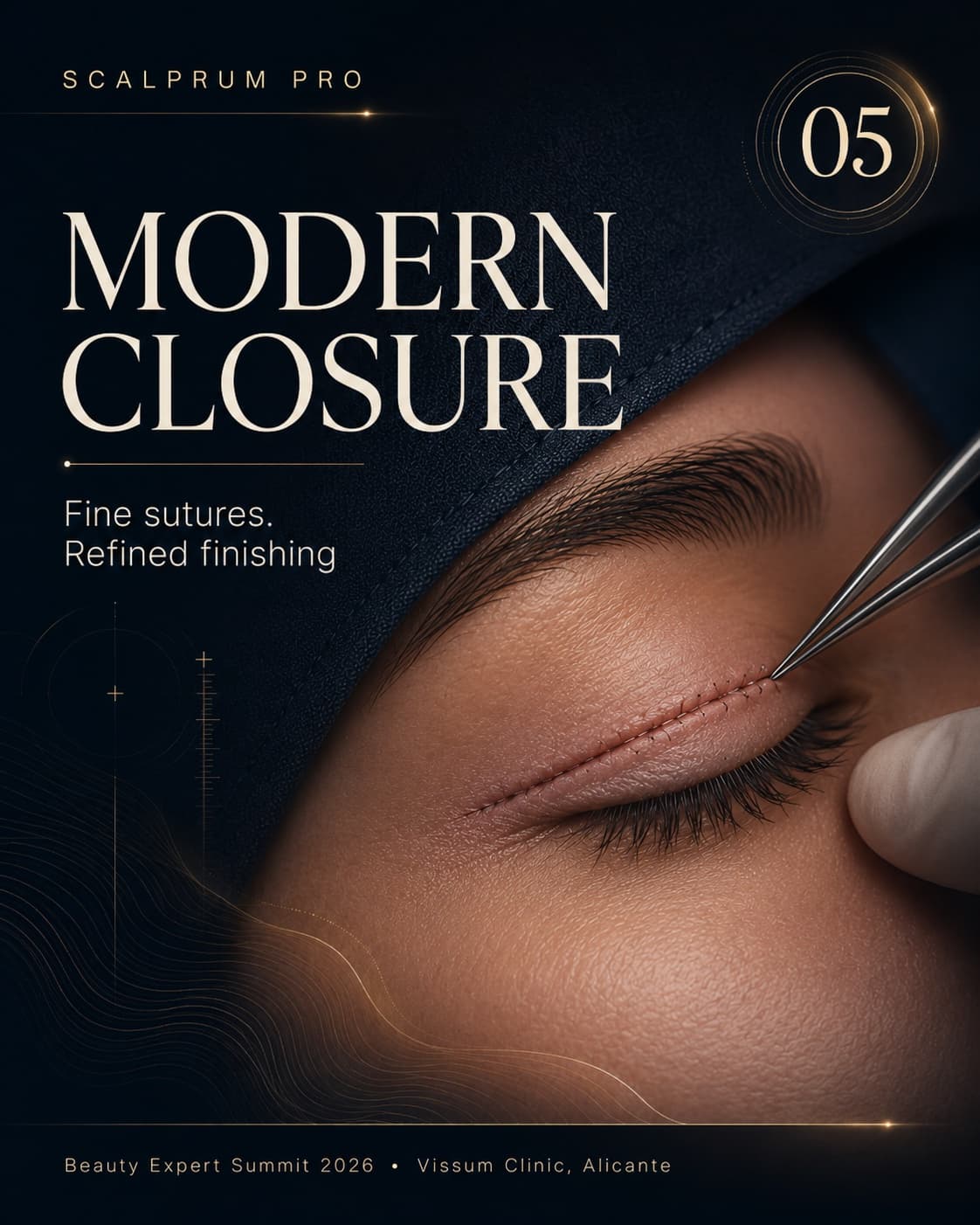 Scalprum Pro wet-lab training poster, step 05: Modern Closure — 'Fine sutures. Refined finishing', macro photograph of a sutured eyelid incision, gold serif type on a deep navy field