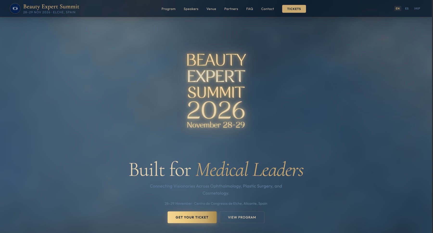 Beauty Expert Summit 2026 website homepage — navigation bar, headline 'Built for Medical Leaders', and a ticket call to action over a dark blue field