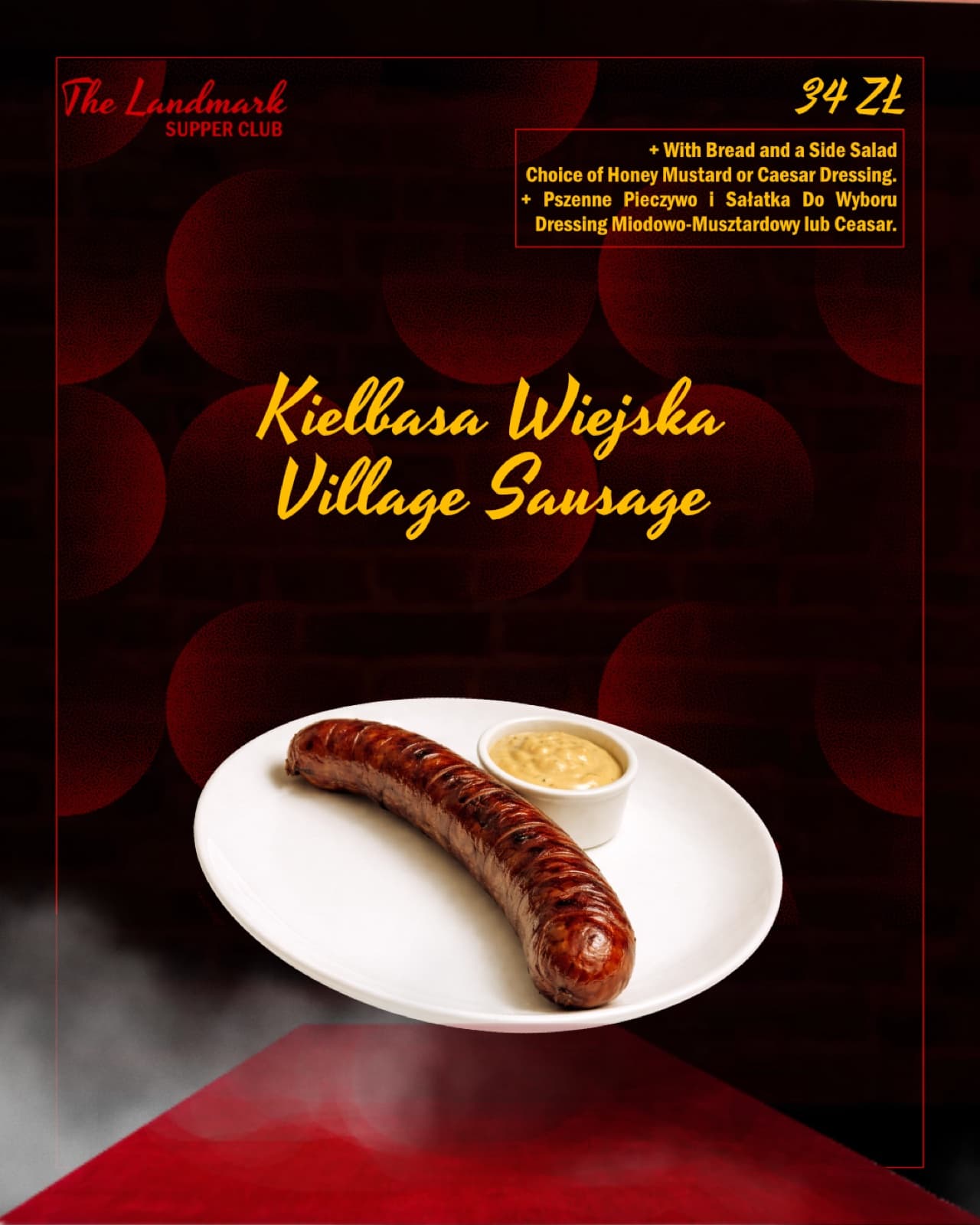 Menu page — village sausage, bilingual PL/EN