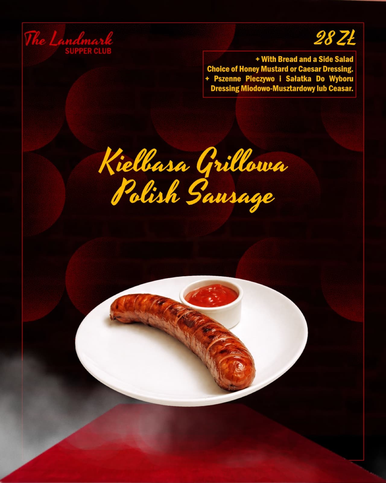 Menu page — grilled Polish sausage, bilingual PL/EN