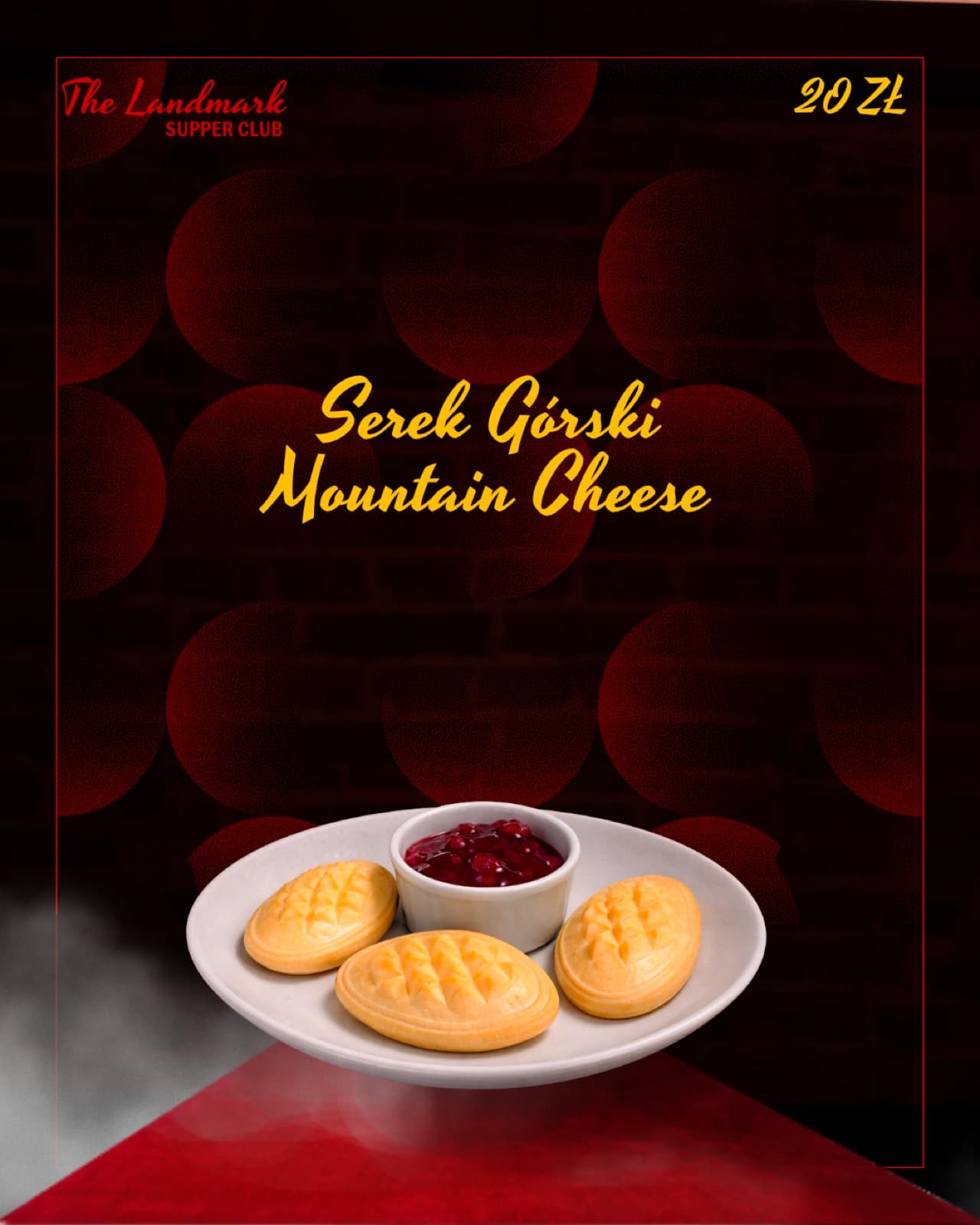 Menu page — mountain cheese with berry sauce, bilingual PL/EN