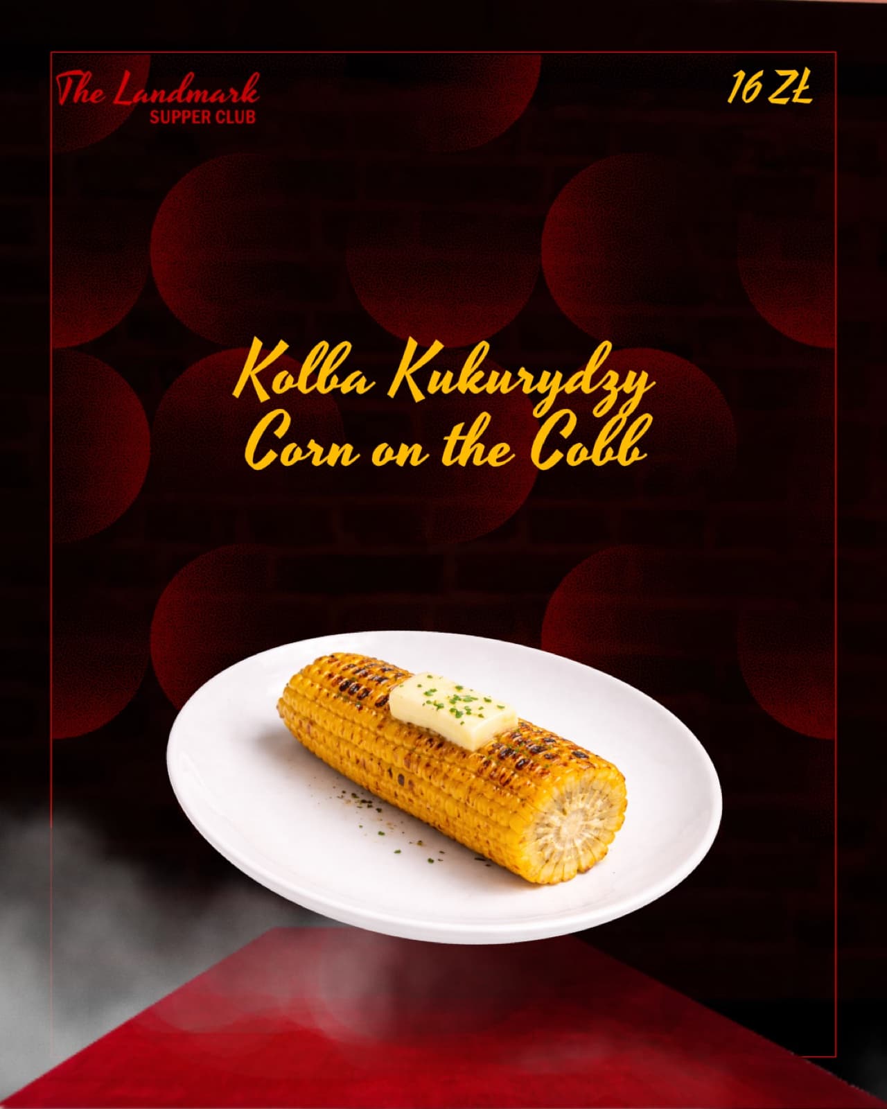 Menu page — grilled corn on the cob, bilingual PL/EN