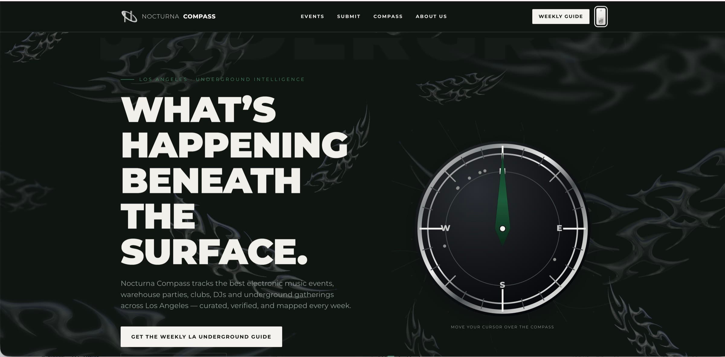 NOCTURNA Compass beta website — dark UI with an interactive compass dial, tribal graphic motifs, and the headline "What's happening beneath the surface"