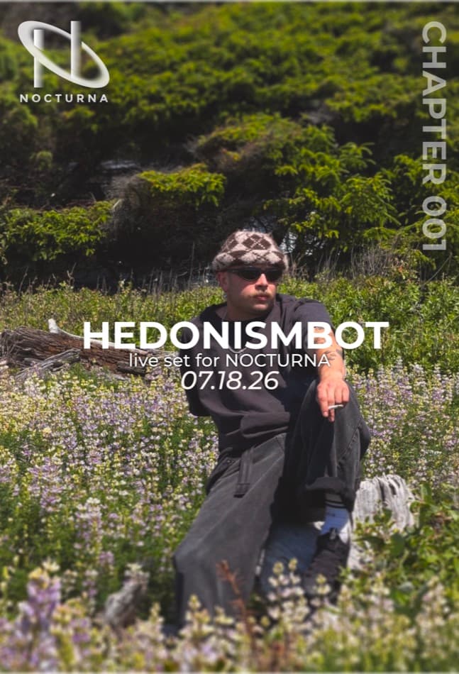 Hedonismbot × NOCTURNA SoundCloud cover, layout study 1 — logo and chapter badge stacked top-right, tall crop