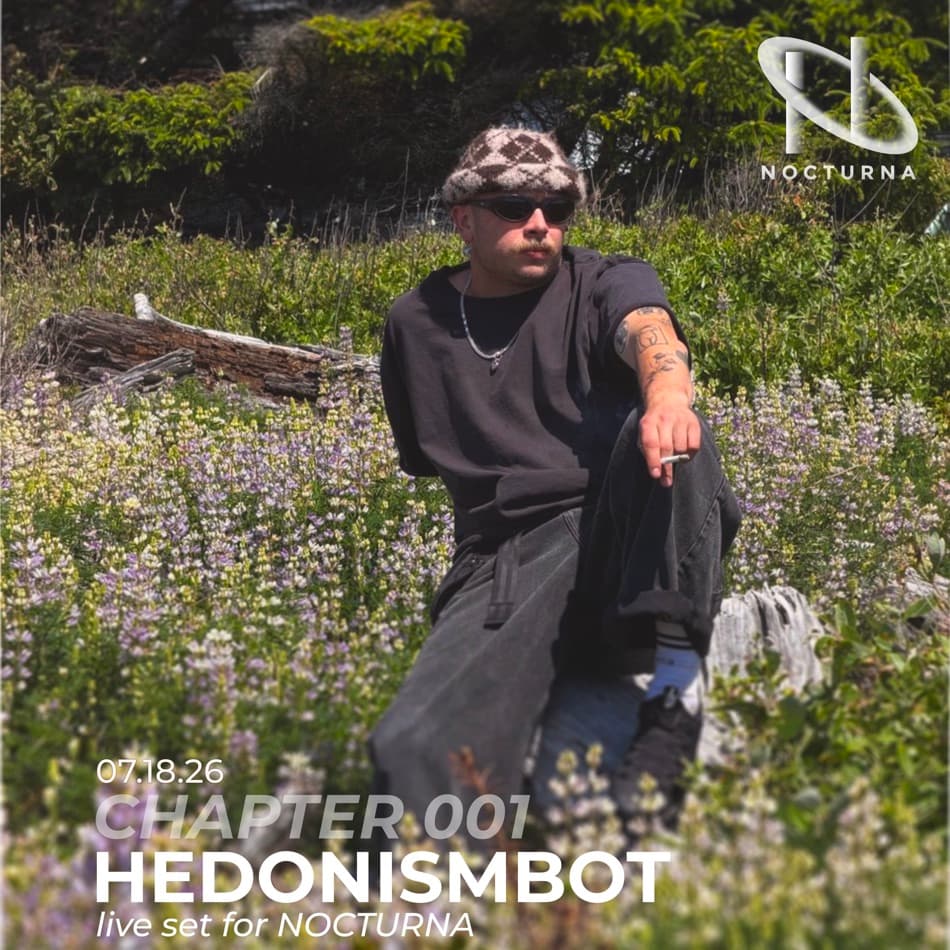 Hedonismbot × NOCTURNA SoundCloud cover, layout study 14 — alternate crop on the corner-badge arrangement