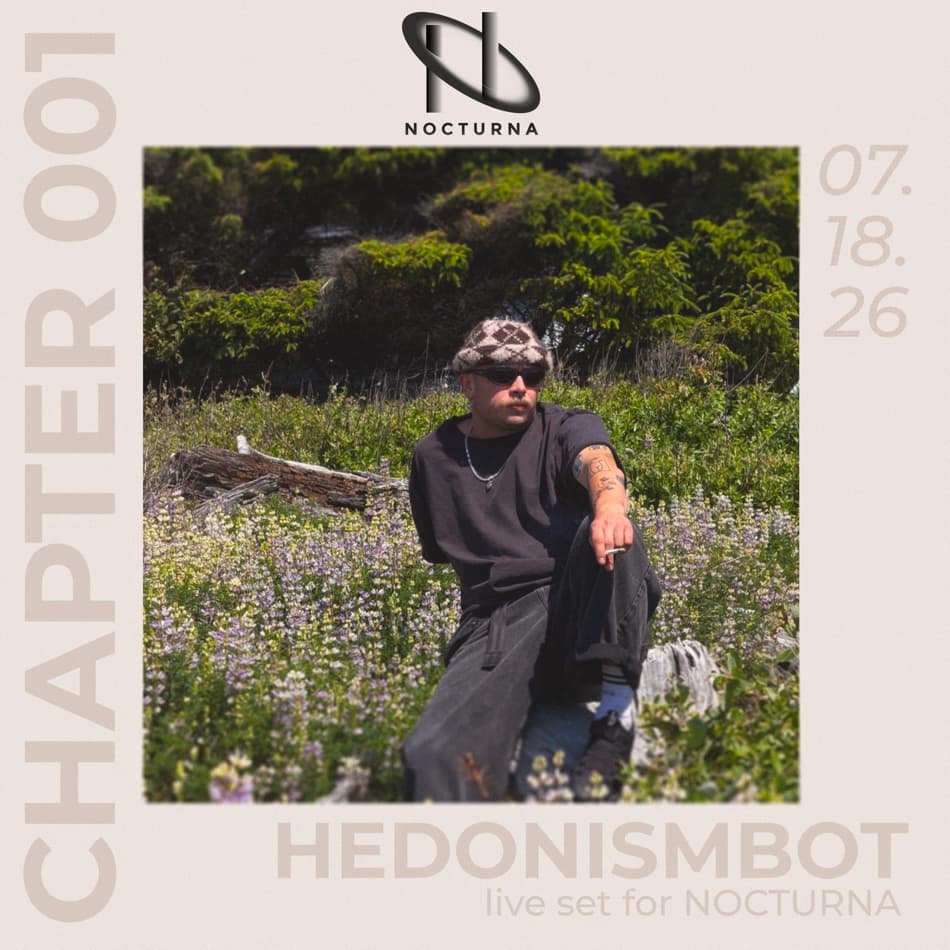 Hedonismbot × NOCTURNA SoundCloud cover, layout study 16 — full-bleed return, chapter banner top-right