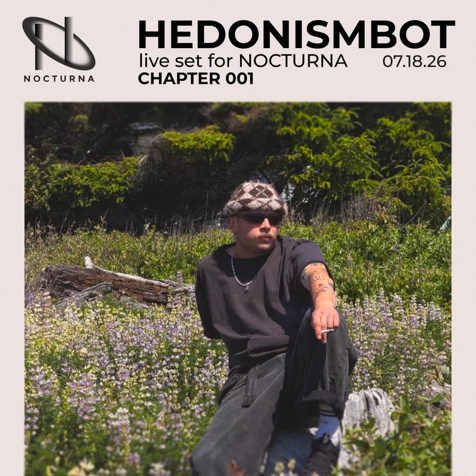 Hedonismbot × NOCTURNA SoundCloud cover, layout study 18 — alternate spacing on the bordered arrangement