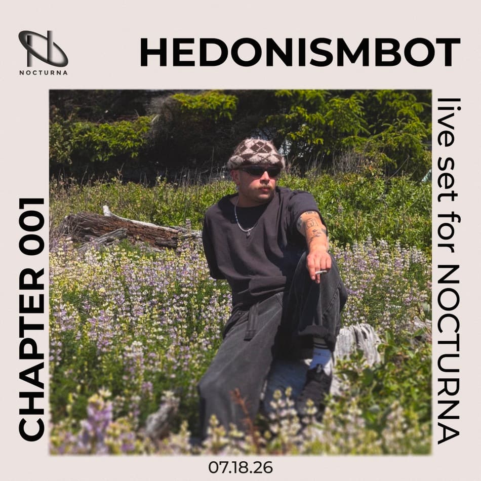 Hedonismbot × NOCTURNA SoundCloud cover, layout study 20 — name lockup top-right, chapter badge rotated on the left edge