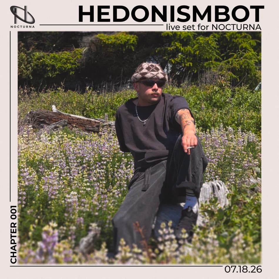 Hedonismbot × NOCTURNA SoundCloud cover, layout study 21 — rotated chapter badge left edge, name and date bottom-left, clean hierarchy
