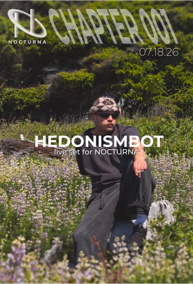 Hedonismbot × NOCTURNA SoundCloud cover, layout study 5 — chapter badge full-width banner across the top