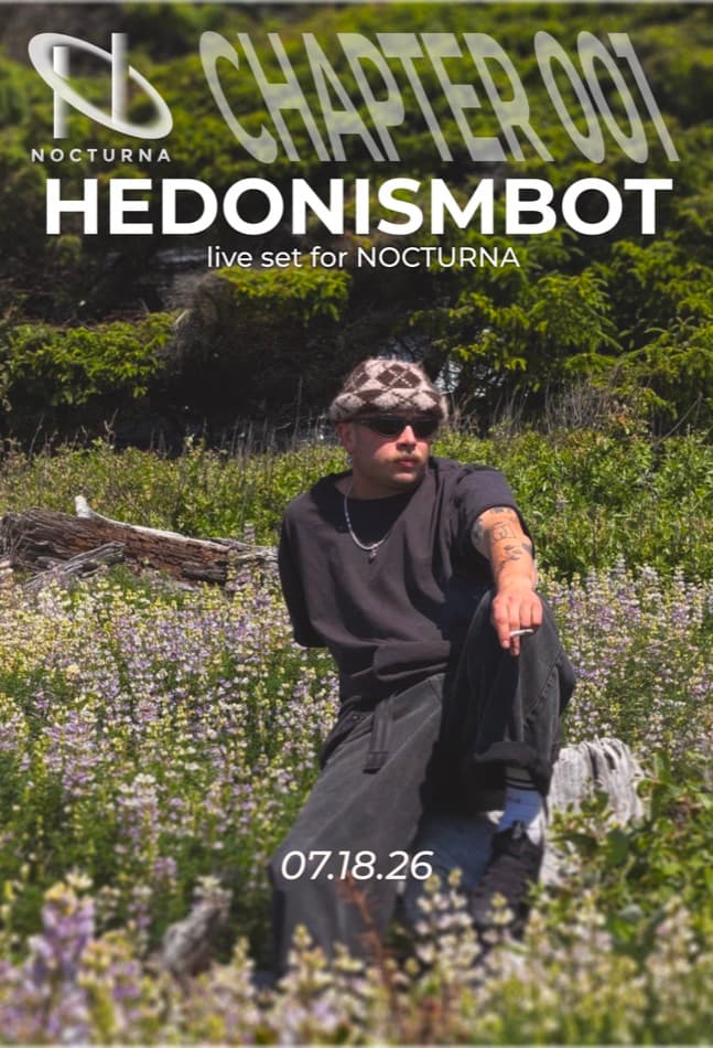 Hedonismbot × NOCTURNA SoundCloud cover, layout study 7 — chapter banner top, name and tagline centered mid-frame