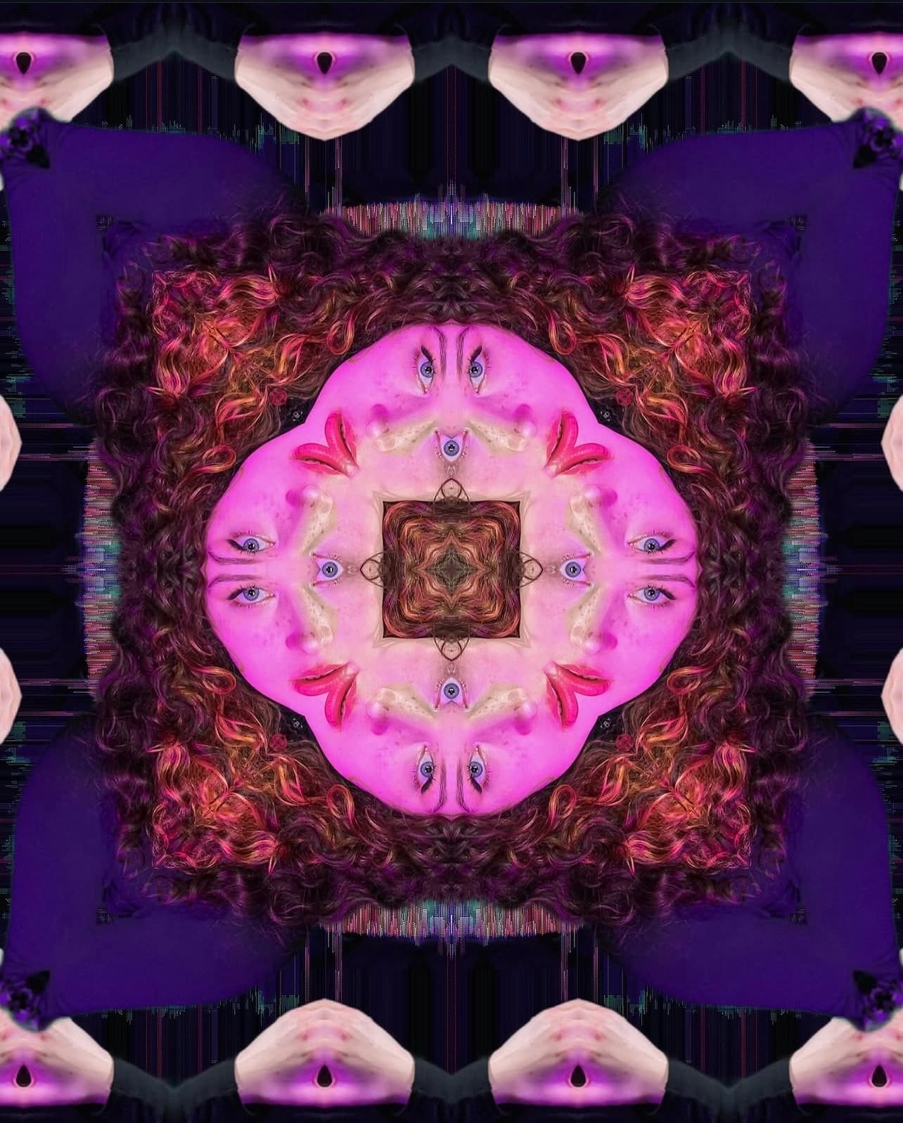 Kaleidoscope self-portrait — mirrored curly-haired figure with multiple pairs of eyes in a pink and purple symmetrical pattern