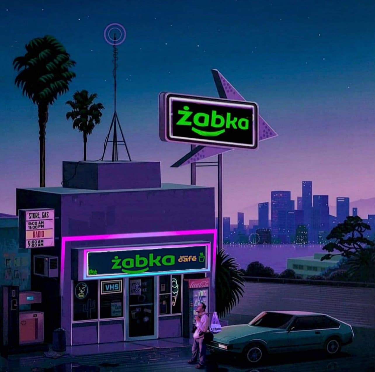 Retro-synthwave illustration of a Żabka convenience store at night, with neon signage, palm trees, and a parked car