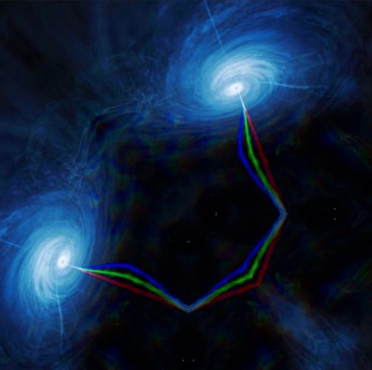 Abstract digital artwork — two glowing spiral vortices connected by a chromatic-aberration lightning-bolt shape on a deep blue field
