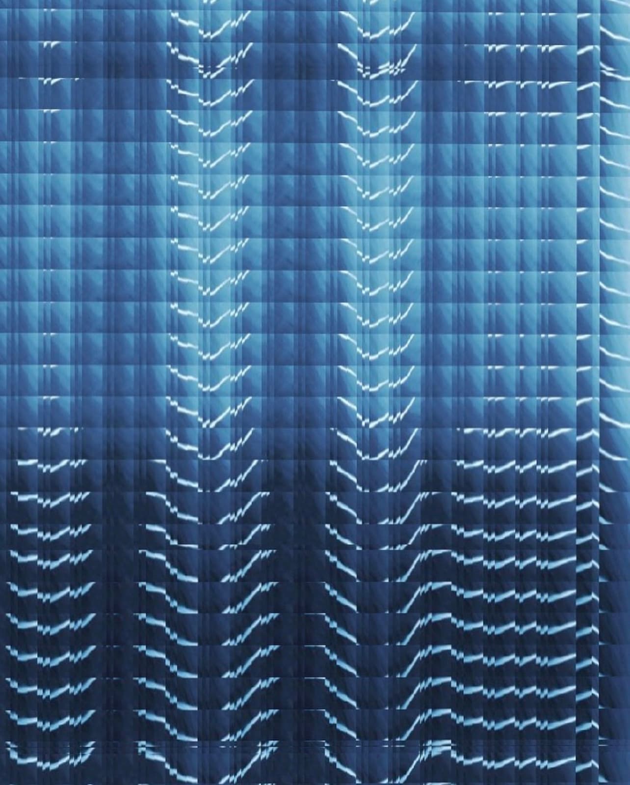 Abstract tiled artwork — a mirrored, kaleidoscopic pattern of metallic blue wave forms