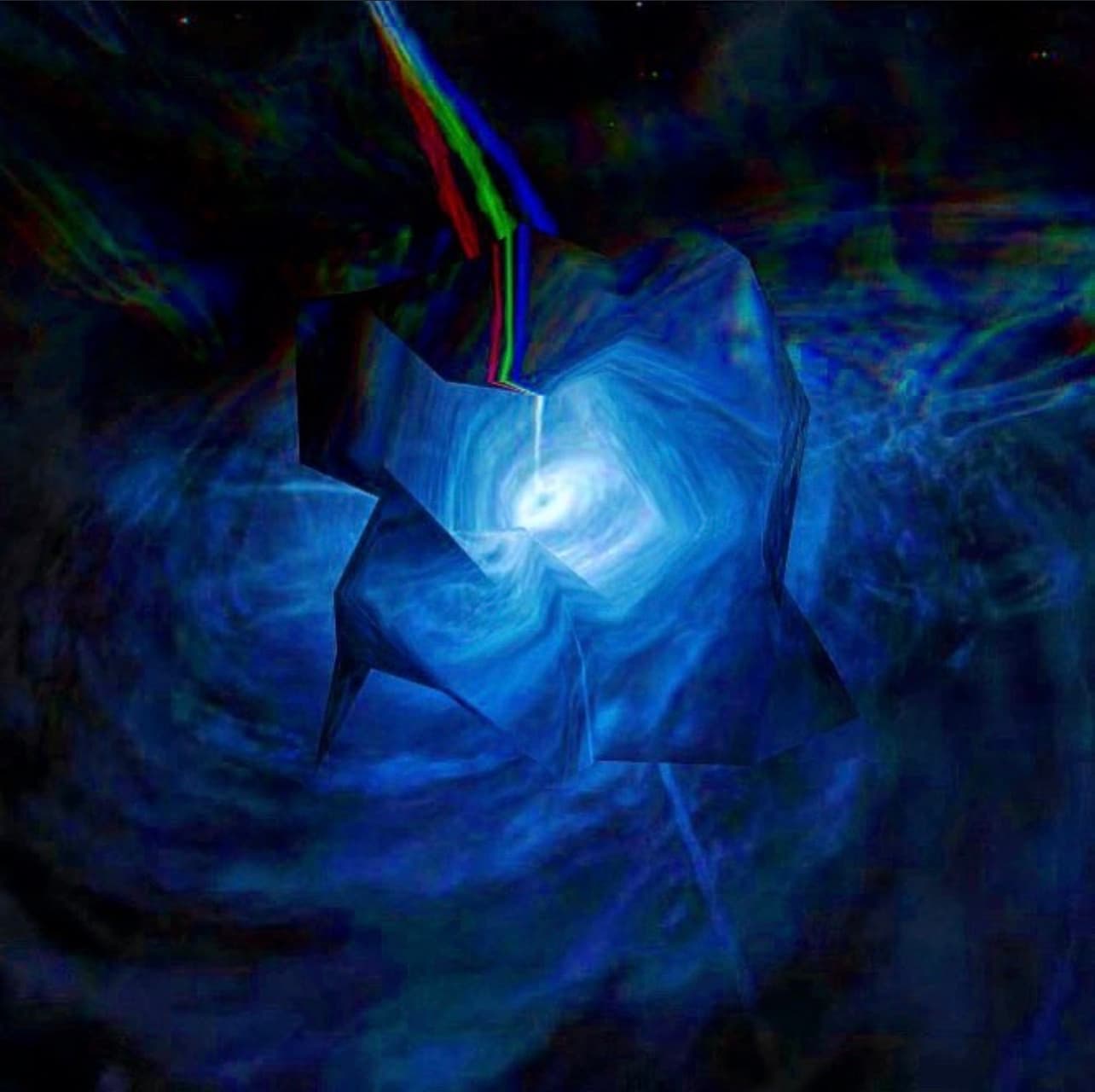 Abstract digital artwork — a faceted crystalline shard glowing from within, struck by a chromatic-aberration light beam, on a deep blue vortex field