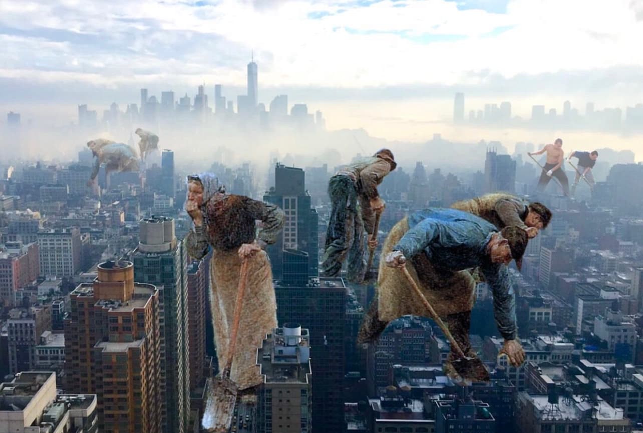 Surreal photo composite — robed, Renaissance-style figures sweeping and working atop Manhattan skyscrapers above the clouds