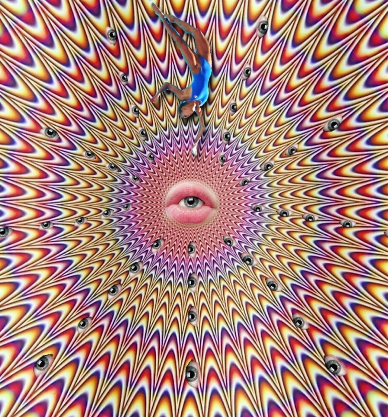 Psychedelic optical-illusion artwork — a radiating zigzag pattern scattered with eyes, centered on a lips-and-eye motif, with a diver falling through the pattern