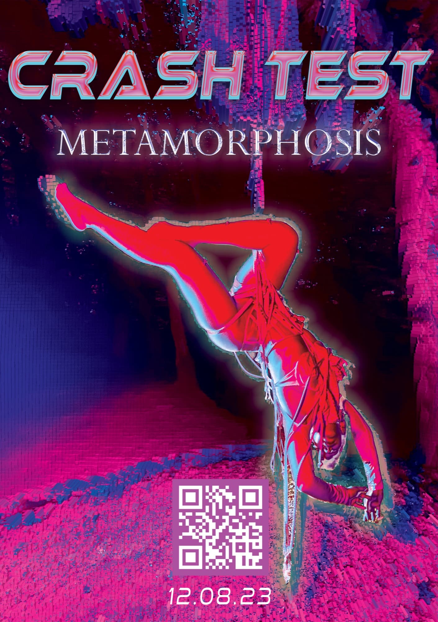 CRASH TEST: METAMORPHOSIS event poster, 12.08.23, chrome type over a red duotone aerial-silk photograph