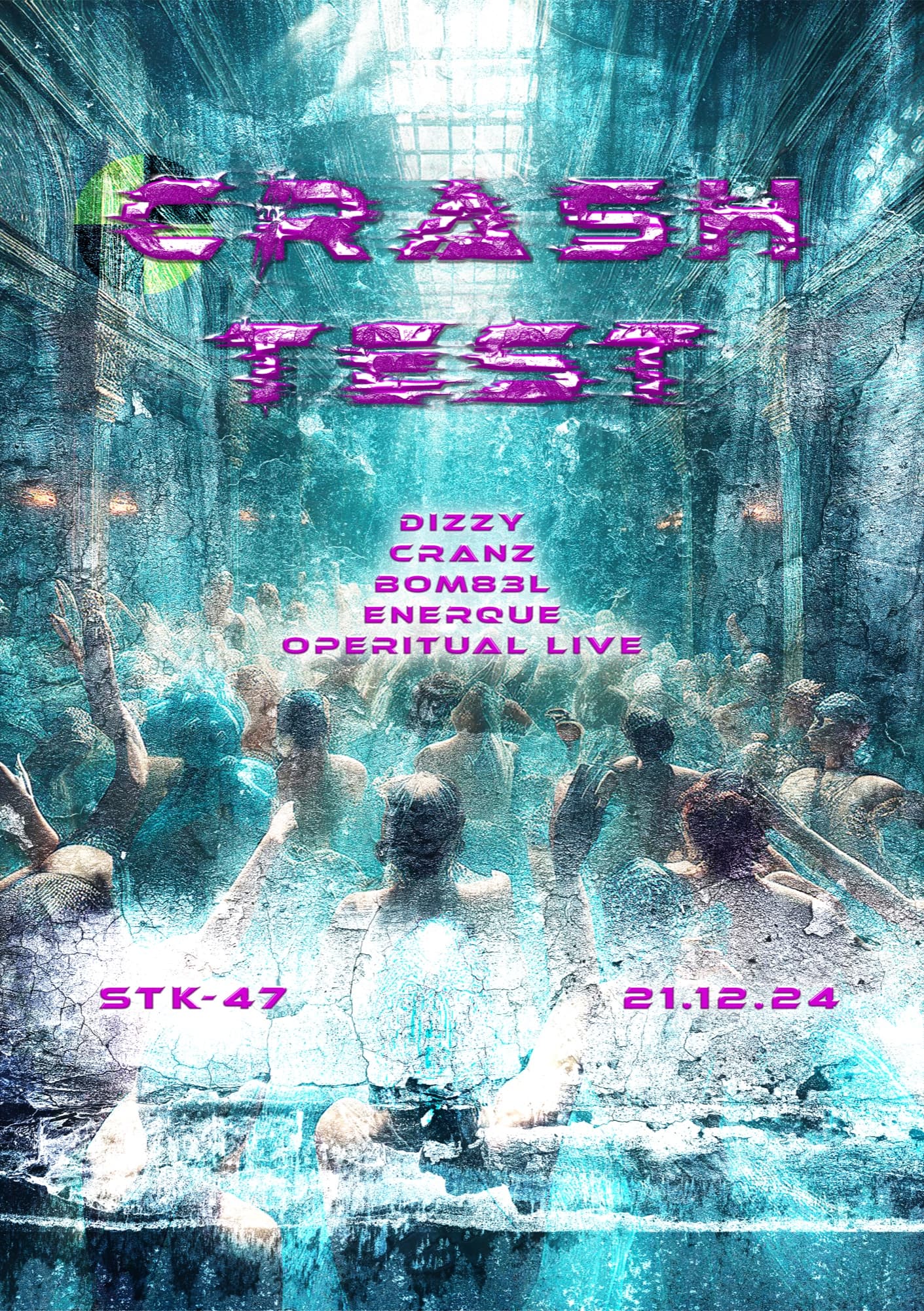 CRASH TEST event poster, 21.12.24, STK-47, crystalline purple type over an icy blue crowd photograph, full lineup