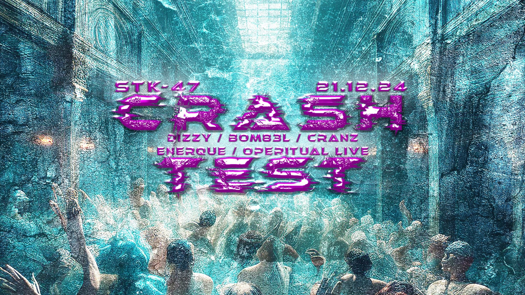 CRASH TEST event Facebook cover, 21.12.24, STK-47, crystalline purple type over an icy blue crowd photograph, full lineup
