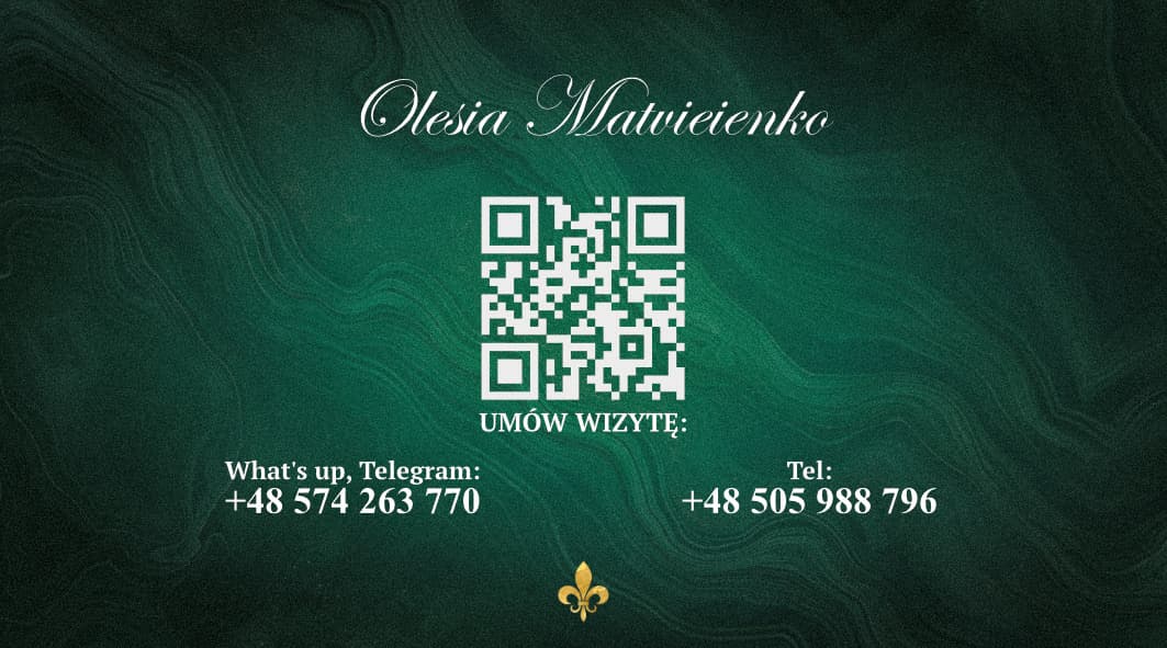 Molecula ViVi Skin·Laser Lab business card, back — practitioner name, booking QR code, and contact numbers on the same emerald marbled background